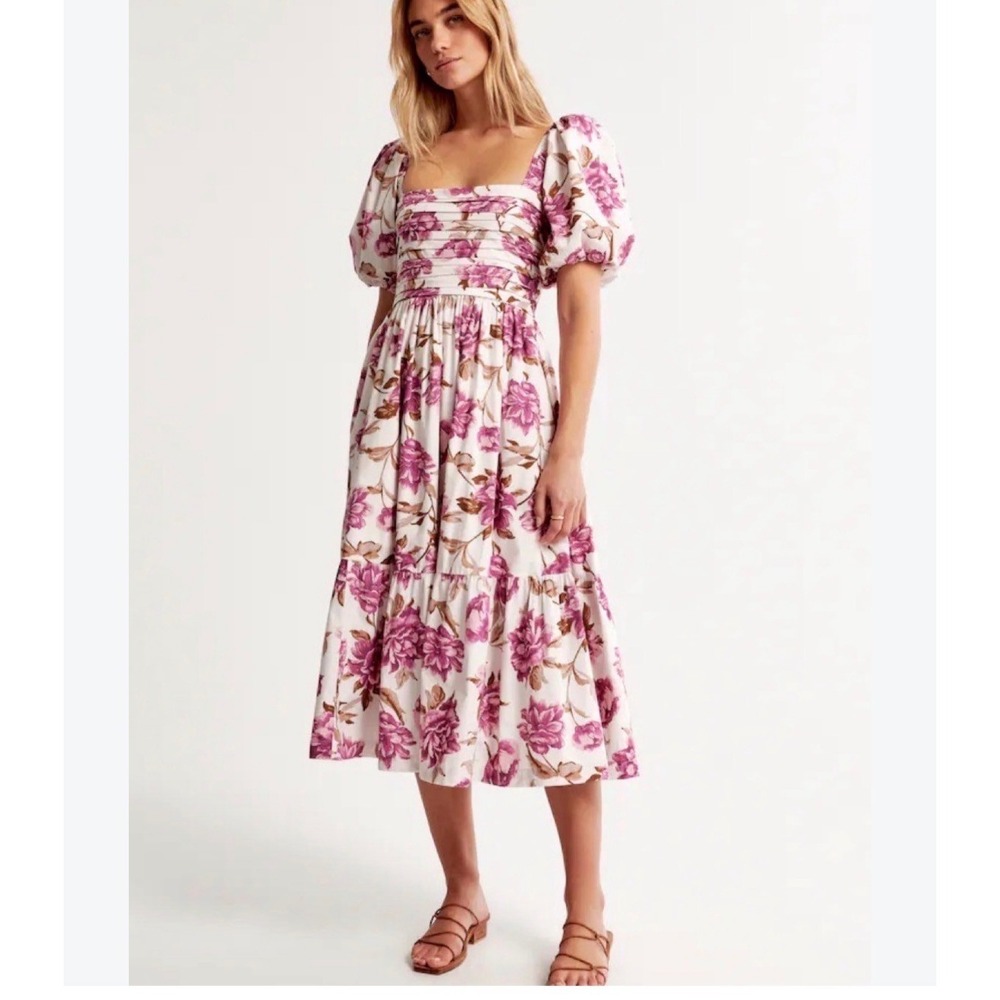 Abercrombie & Fitch Emerson Poplin Floral Puff Sleeve Midi Dress M Cottagecore